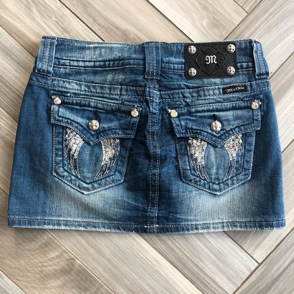 MISS ME Bling Sequin Angel Wings Denim Skirt 26 - Picture 2 of 8